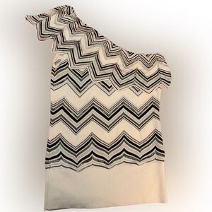 White House Black Market:
Ribbed Knit One-Shoulder Top in Cream and Black